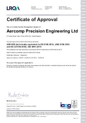Aercomp's AS9100D Certificate